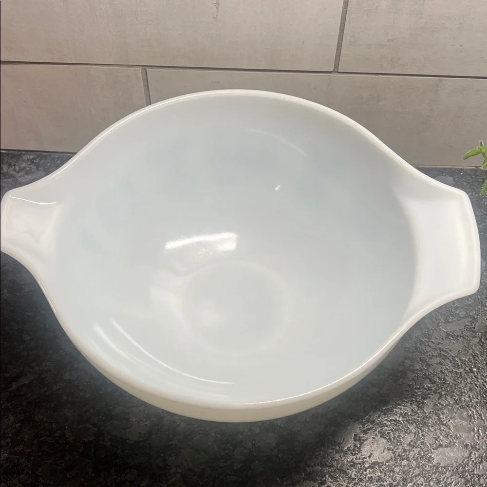 Vintage White Butterprint Pyrex Cinderella Mixing Bowl w/Blue Folk Art Design